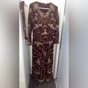 Elegant Burgundy and Gold Embroidered Gown